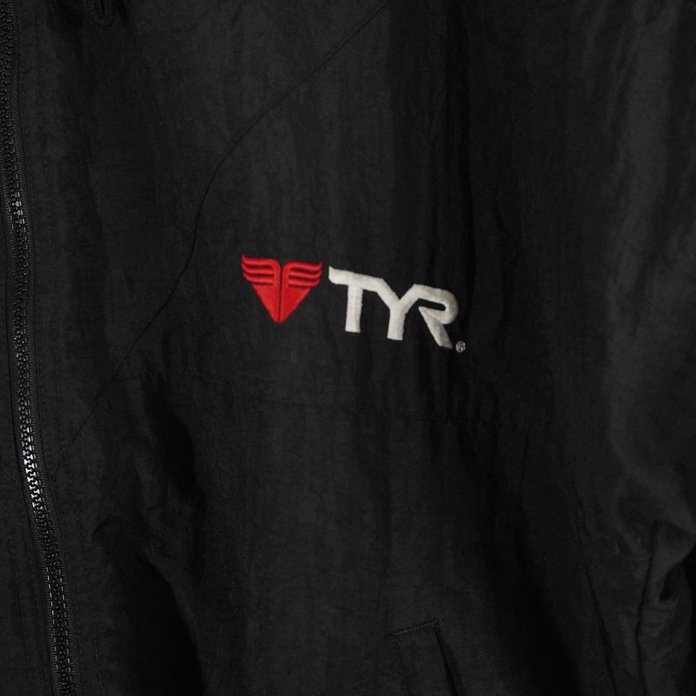 VTG TYR Windbreaker Puffer Jacket Hooded Black White Stripe Zip 90s S Oversized - Picture 2 of 10